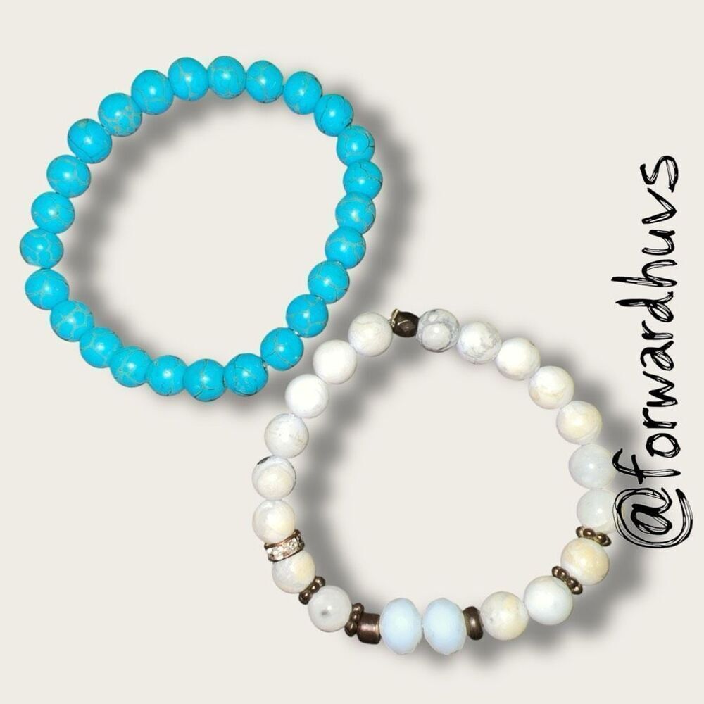 Bundle Sale 3 for $15 | Two Faux Turquoise Stretch Bracelets – Blue & White Buff